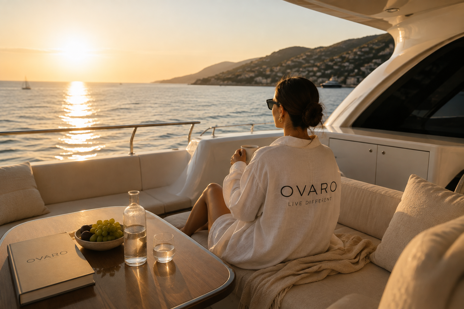 A member in an OVARO linen shirt watching the sunset from a yacht deck