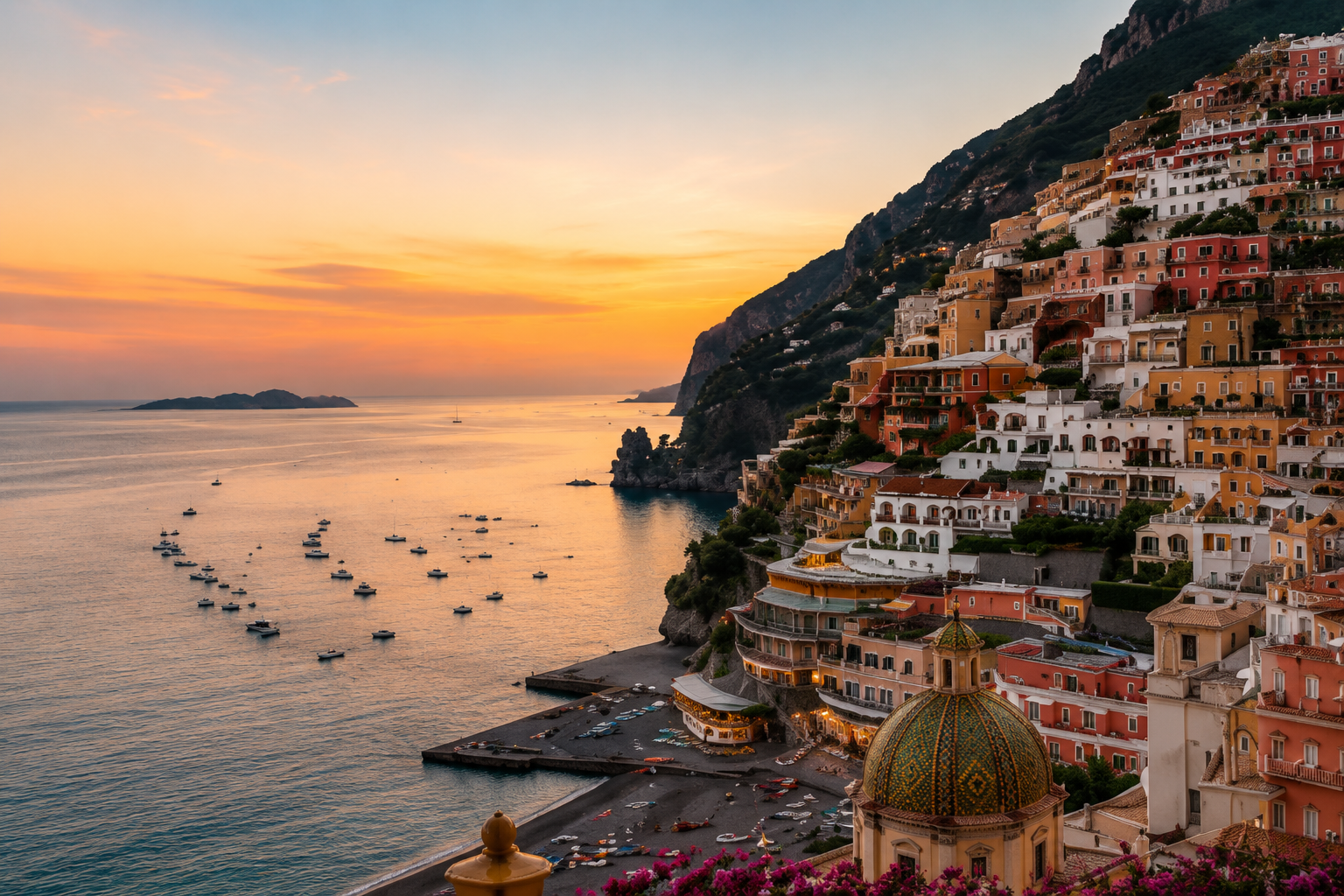 A cliffside coastal town at golden hour, boats resting on a calm sea
